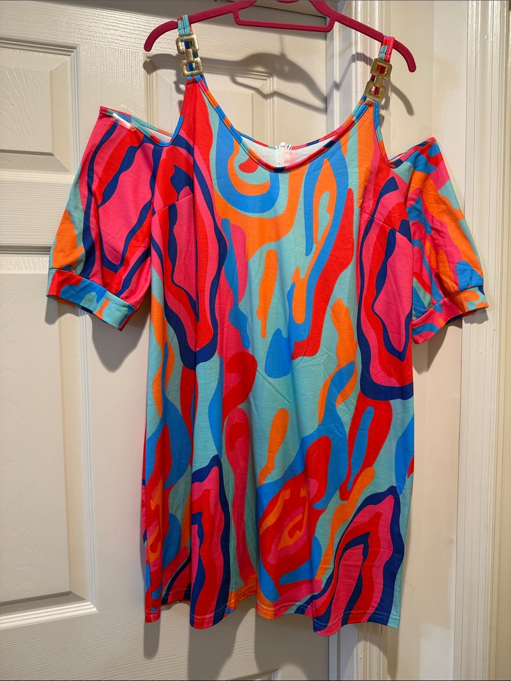NWOT Vibrant Summer Abstract Cold-Shoulder Mini Dress 1X 70s Hippie Boho Vibe